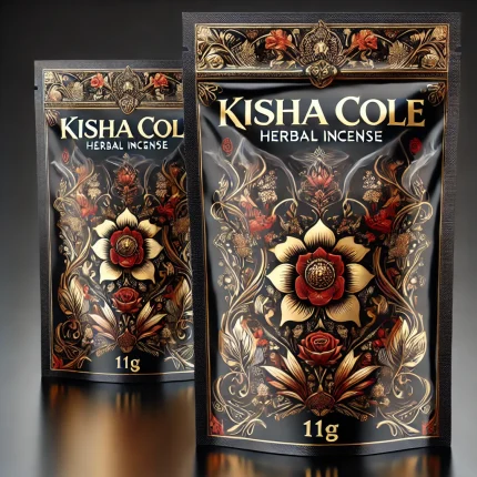 DALL·E-2024-11-25-01.32.05-A-sleek-and-modern-product-packaging-design-for-Kisha-Cole-Herbal-Incense.-The-bag-is-a-resealable-pouch-with-a-glossy-black-background-accented-with-430x430 (1) Kisha Cole incense 11g pack- premium herbal fragrance